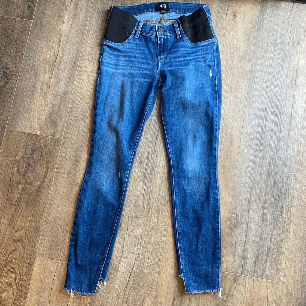 Paige Verdugo Ankle Maternity Skinny Jeans Blue Medium Wash Distressed Size 26‎